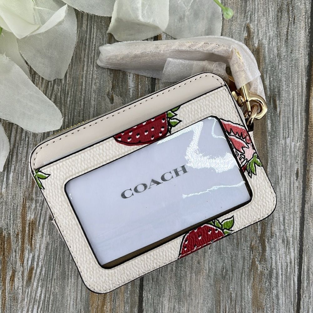 Coach Zip Card Case With Strawberry Print Wallet Bag Purse - Picture 5 of 11
